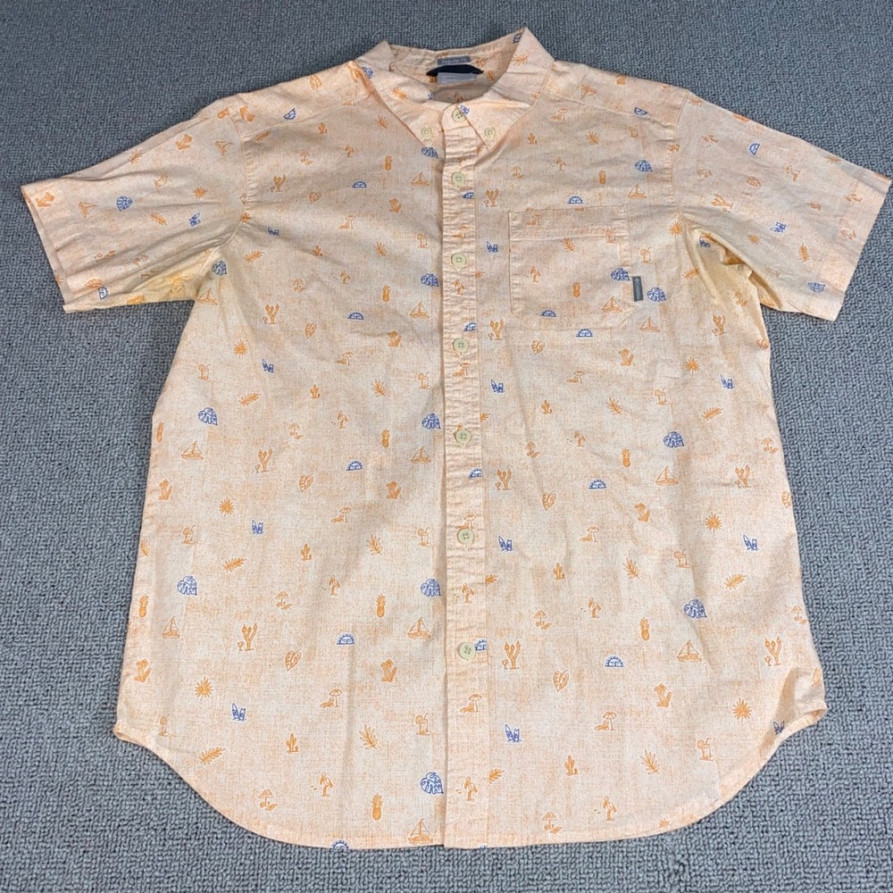Columbia Button Down Shirt Mens Medium Orange Tropical Beach Print Short Sleeve